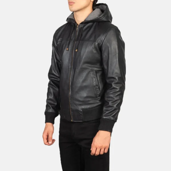 Nintendo Black & Brown Hooded Leather Bomber Jacket - Image 2