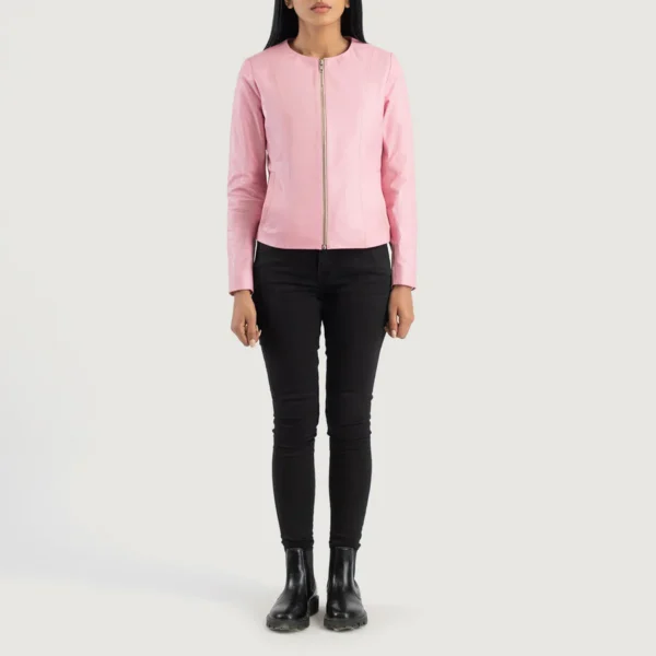 Elixir Pink Collarless Leather Jacket - Image 3