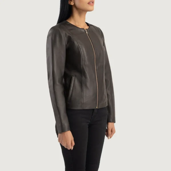 Elixir Brown Collarless Leather Jacket - Image 3